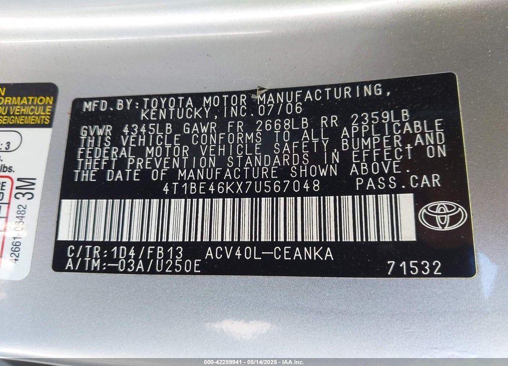 2007 TOYOTA CAMRY LE VIN: 4T1BE46KX7U567048