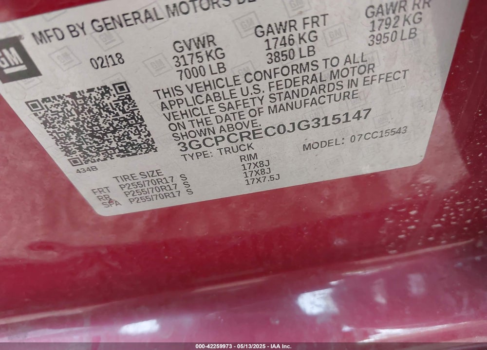 2018 CHEVROLET SILVERADO 1500 1LT VIN: 3GCPCREC0JG315147