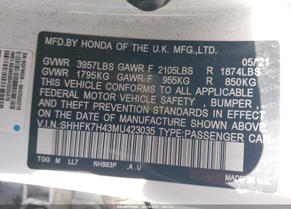 2021 HONDA CIVIC VIN: SHHFK7H43MU423035