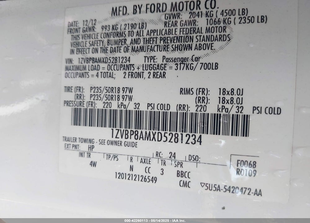 2013 FORD MUSTANG V6 PREMIUM VIN: 1ZVBP8AMXD5281234