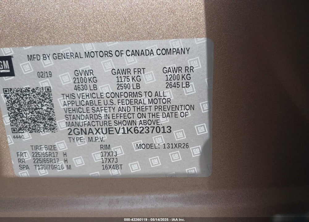 2019 CHEVROLET EQUINOX LT VIN: 2GNAXUEV1K6237013