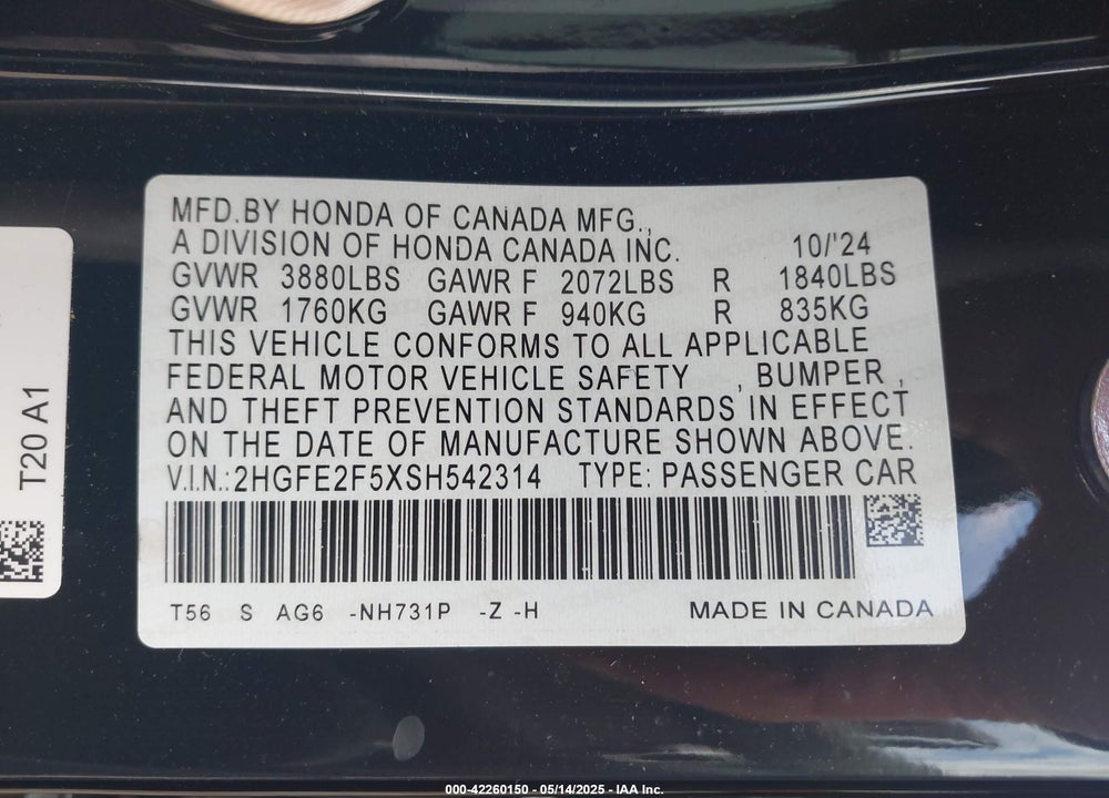 2025 HONDA CIVIC VIN: 2HGFE2F5XSH542314