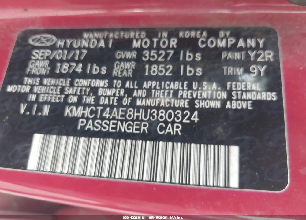 2017 HYUNDAI ACCENT VIN: KMHCT4AE8HU380324