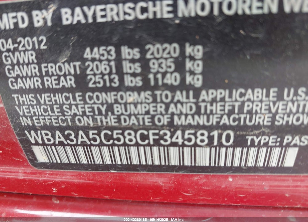 2012 BMW 328I VIN: WBA3A5C58CF345810
