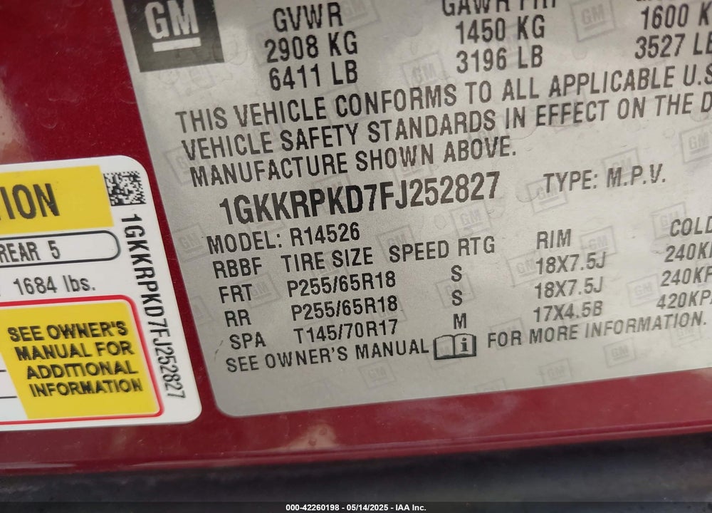 2015 GMC ACADIA SLE-2 VIN: 1GKKRPKD7FJ252827