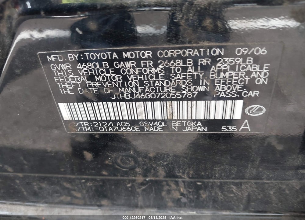 2007 LEXUS ES350 VIN: JTHBJ46G072055787
