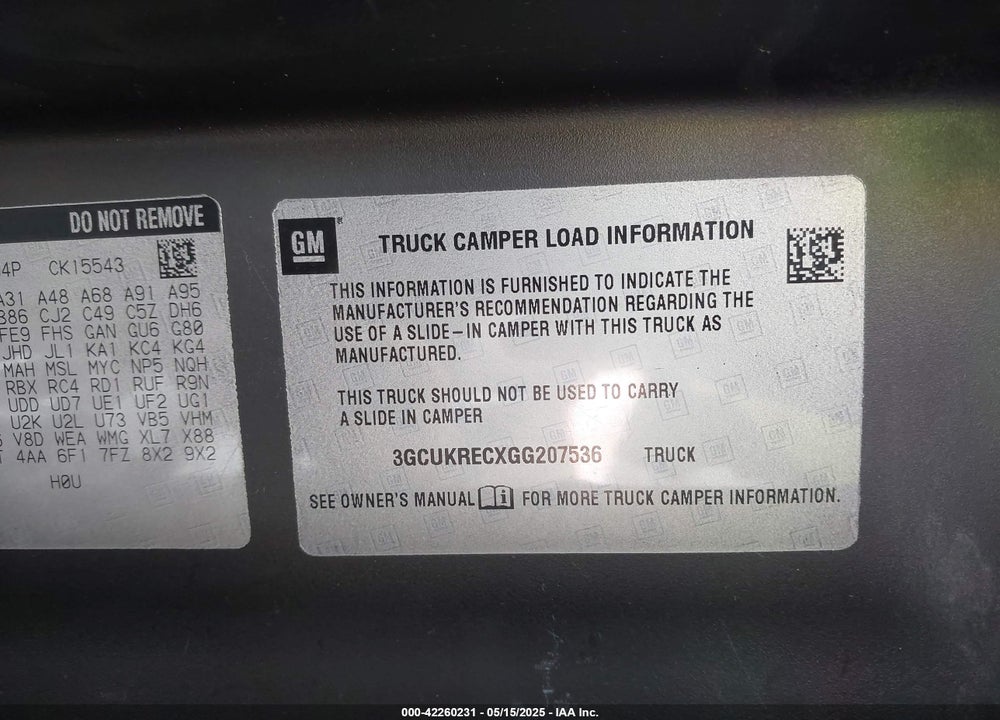 2016 CHEVROLET SILVERADO VIN: 3GCUKRECXGG207536