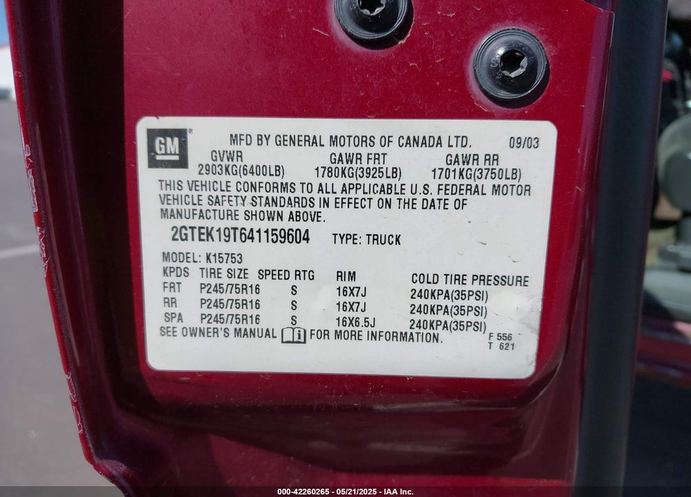 2004 GMC SIERRA 1500 SLE VIN: 2GTEK19T641159604