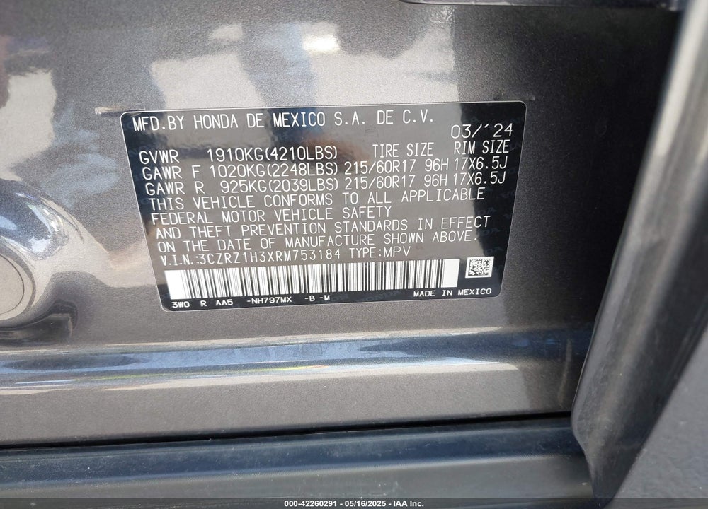 2024 HONDA HR-V 2WD LX VIN: 3CZRZ1H3XRM753184