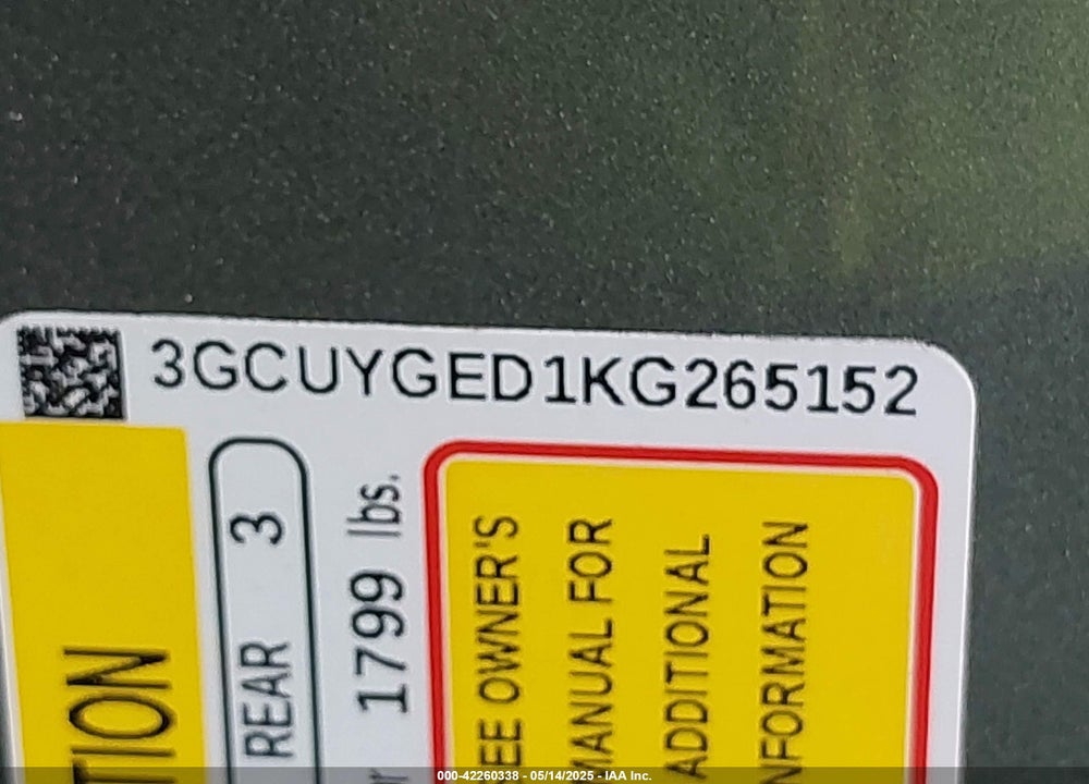 2019 CHEVROLET SILVERADO 1500 VIN: 3GCUYGED1KG265152