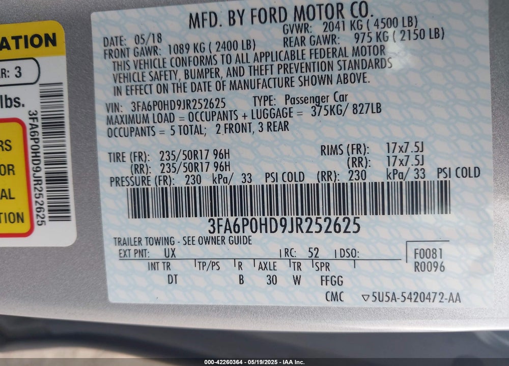 2018 FORD FUSION SE VIN: 3FA6P0HD9JR252625