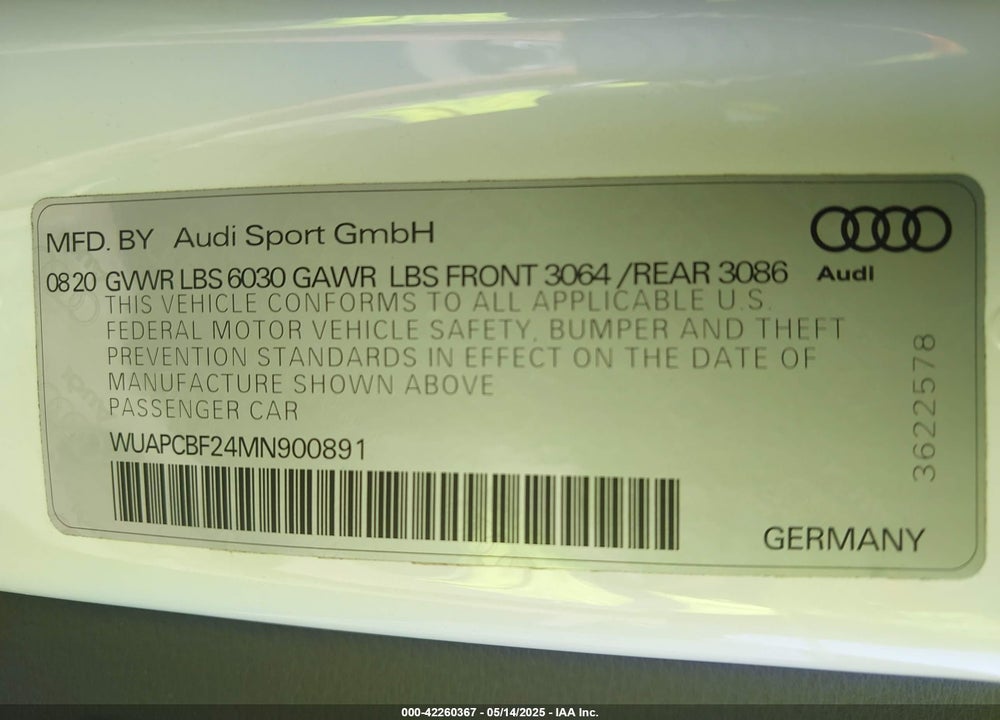 2021 AUDI RS 7 SPORTBACK VIN: WUAPCBF24MN900891