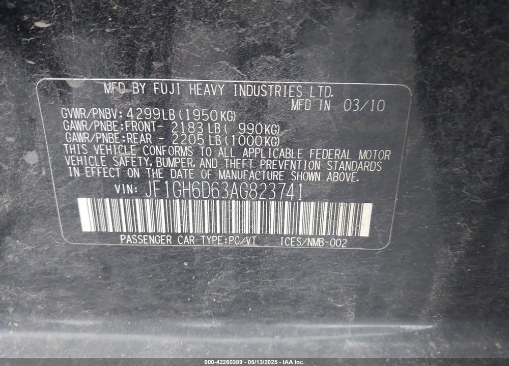 2010 SUBARU IMPREZA OUTBACK SPORT VIN: JF1GH6D63AG823741