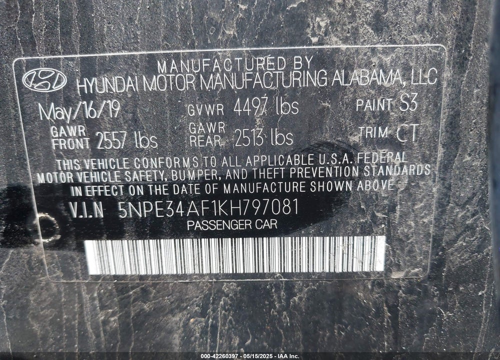 2019 HYUNDAI SONATA LIMITED VIN: 5NPE34AF1KH797081