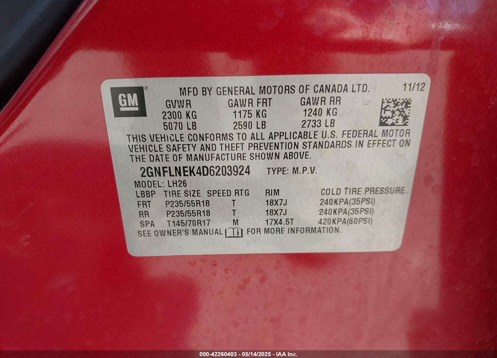 2013 CHEVROLET EQUINOX VIN: 2GNFLNEK4D6203924