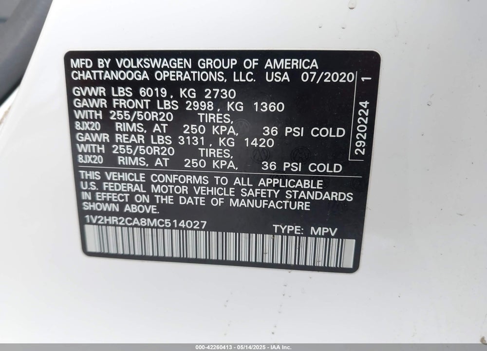 2021 VOLKSWAGEN ATLAS 3.6L V6 SE W/TECHNOLOGY VIN: 1V2HR2CA8MC514027