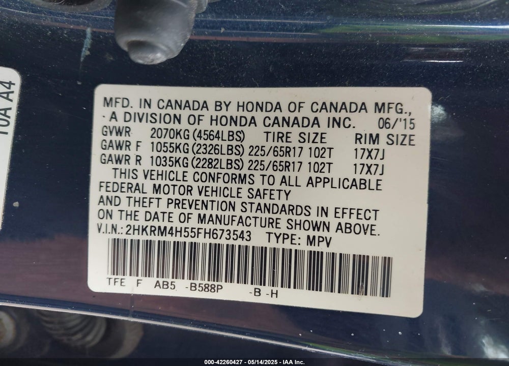 2015 HONDA CR-V VIN: 2HKRM4H55FH673543