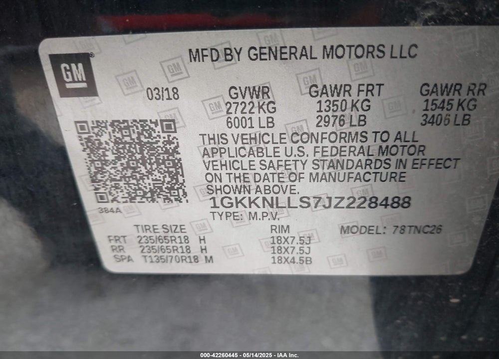 2018 GMC ACADIA SLE-2 VIN: 1GKKNLLS7JZ228488