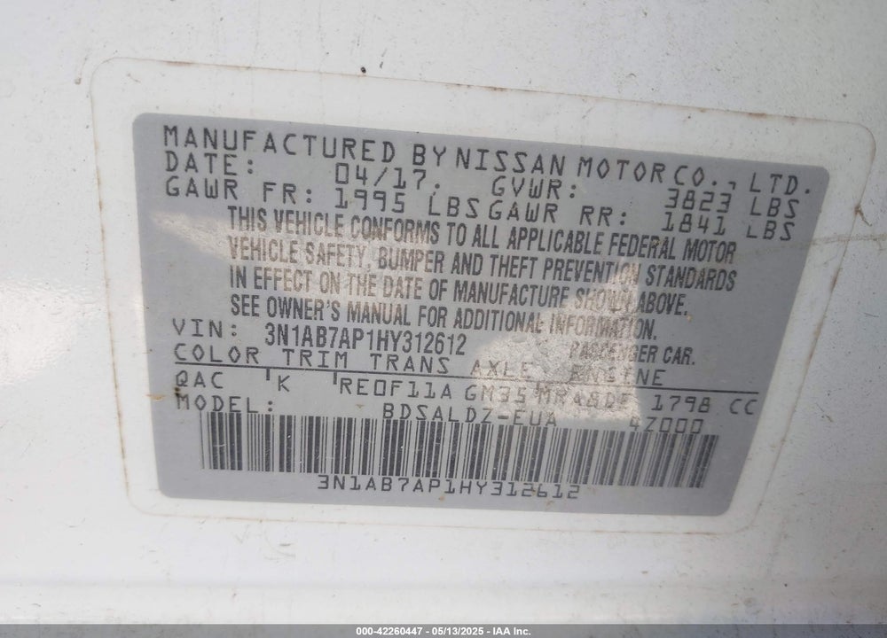 2017 NISSAN SENTRA VIN: 3N1AB7AP1HY312612