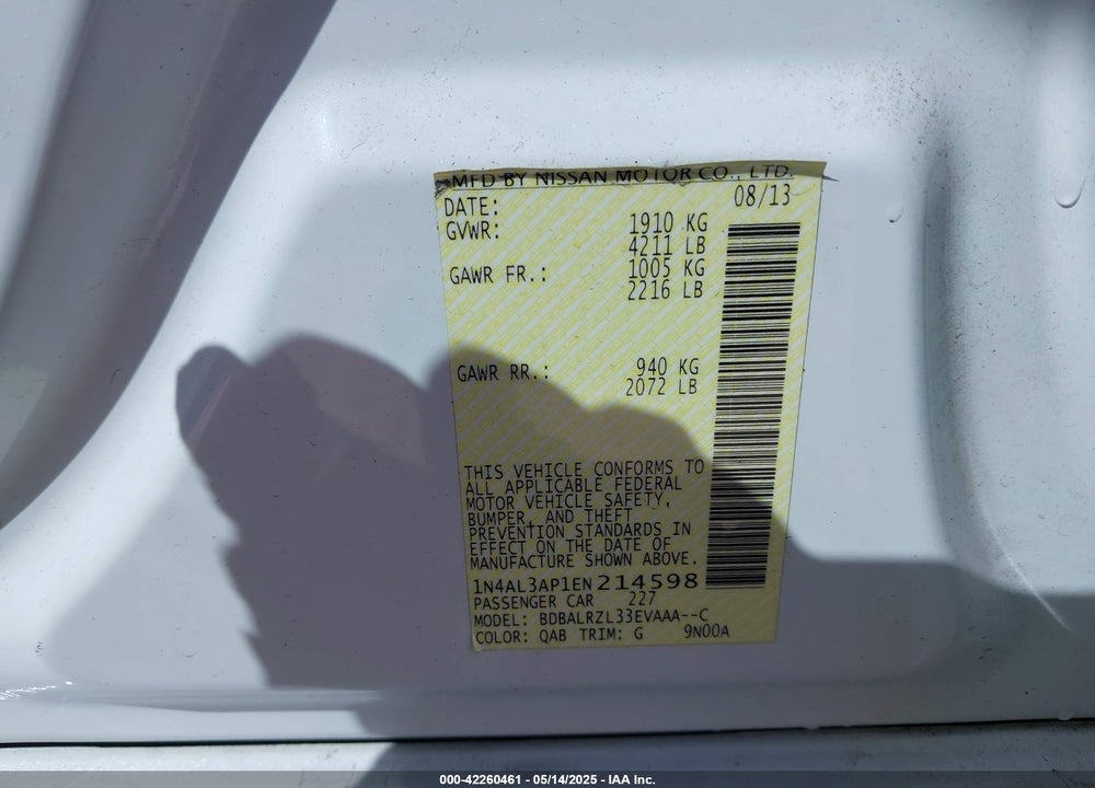 2014 NISSAN ALTIMA 2.5 S VIN: 1N4AL3AP1EN214598