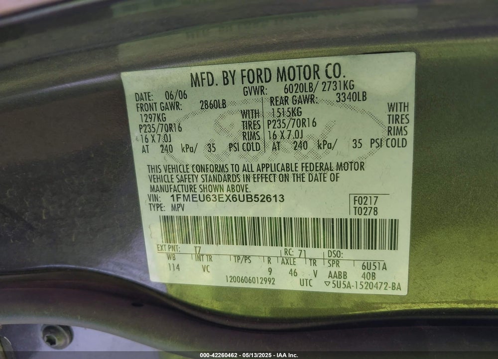 2006 FORD EXPLORER XLT VIN: 1FMEU63EX6UB52613