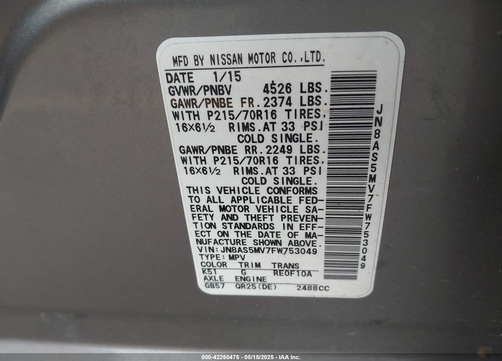 2015 NISSAN ROGUE SELECT VIN: JN8AS5MV7FW753049