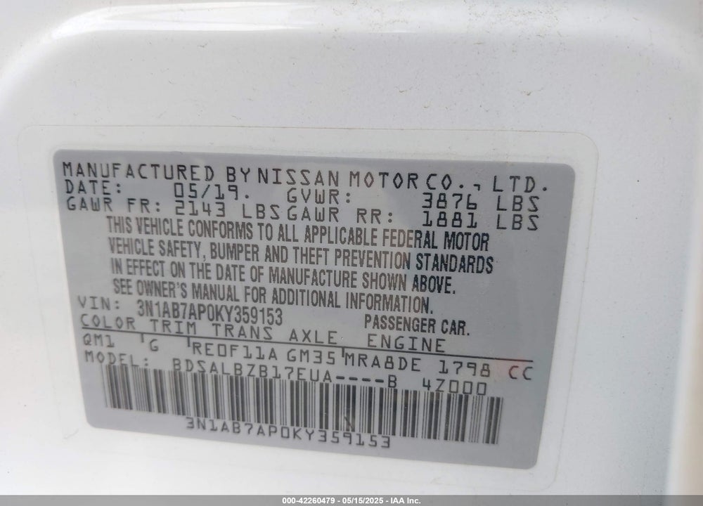 2019 NISSAN SENTRA VIN: 3N1AB7AP0KY359153