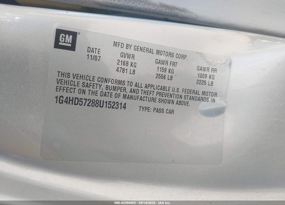 2008 BUICK LUCERNE CXL VIN: 1G4HD57288U152314