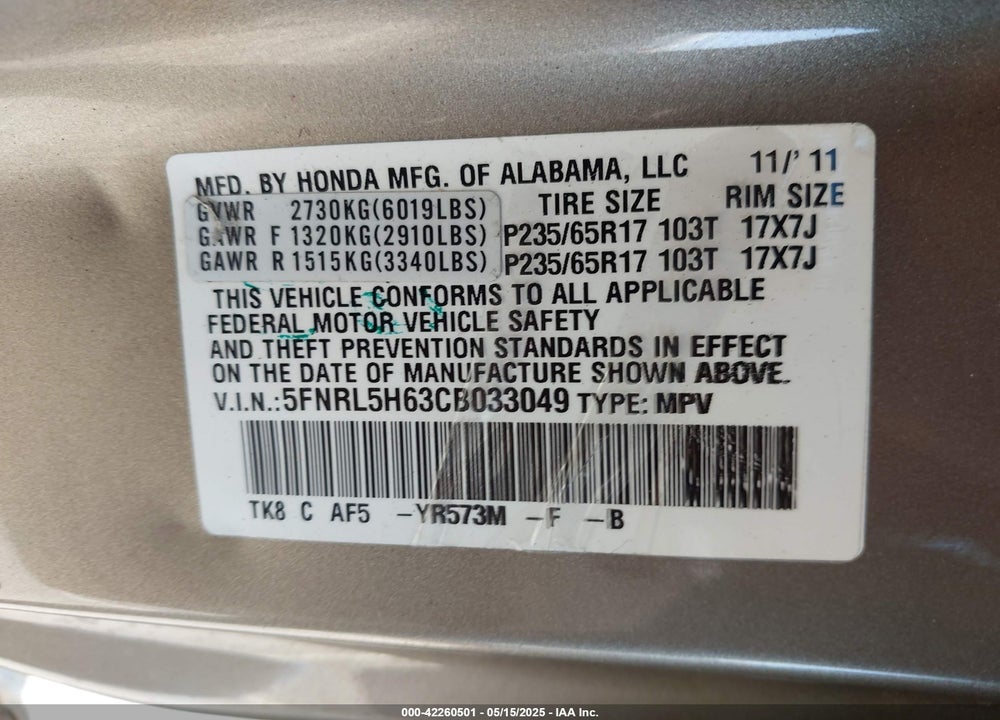 2012 HONDA ODYSSEY EX-L VIN: 5FNRL5H63CB033049