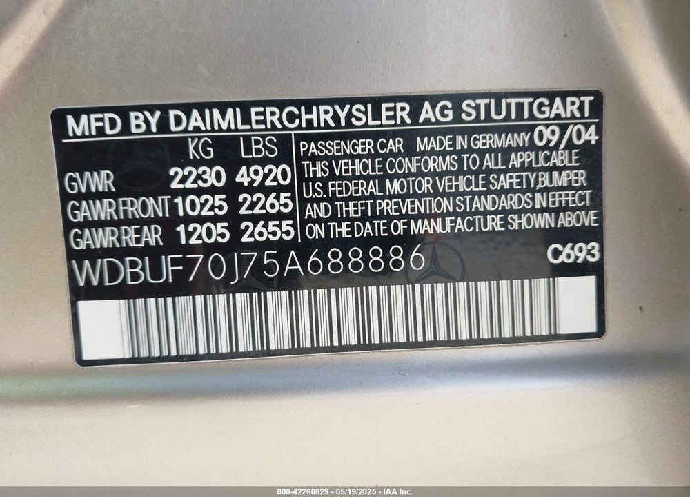 2005 MERCEDES-BENZ E 500 VIN: WDBUF70J75A688886