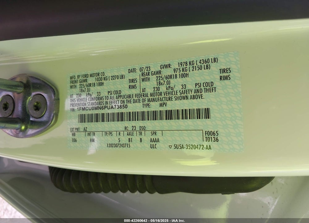 2023 FORD ESCAPE VIN: 1FMCU0MN6PUA73850