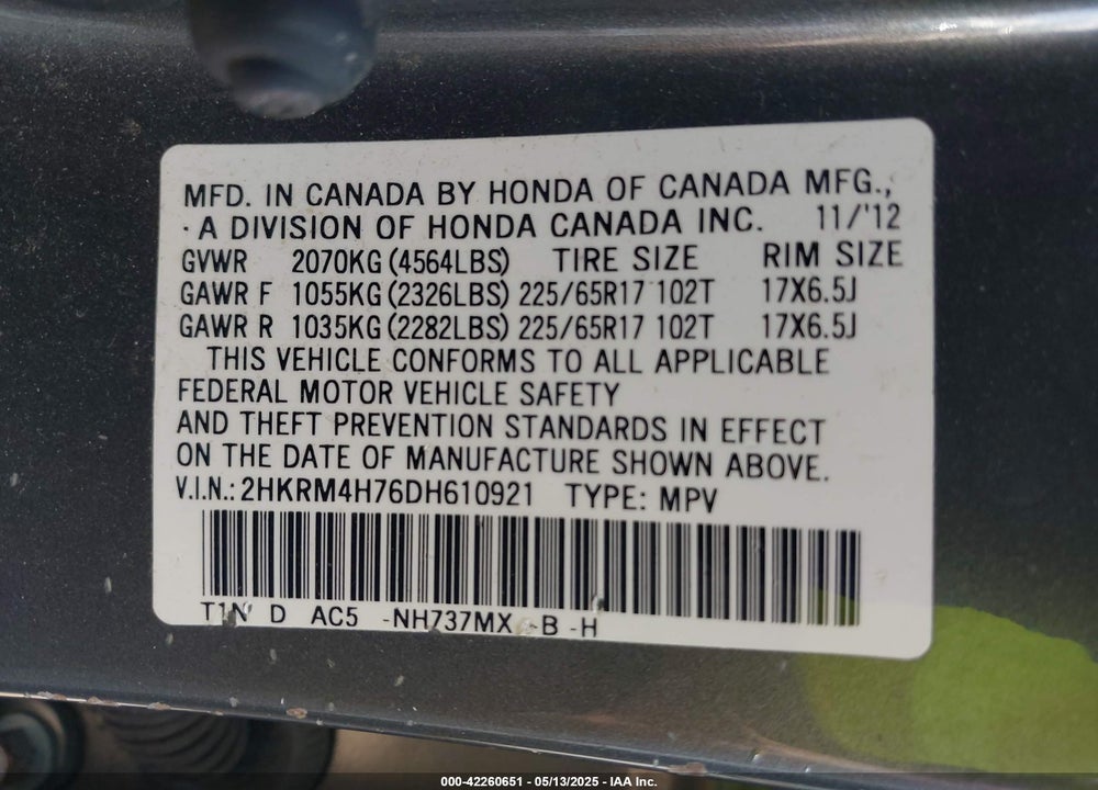 2013 HONDA CR-V EX-L VIN: 2HKRM4H76DH610921