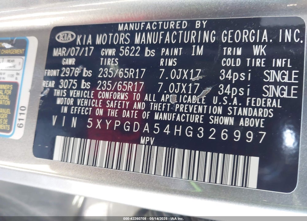 2017 KIA SORENTO 3.3L LX VIN: 5XYPGDA54HG326997