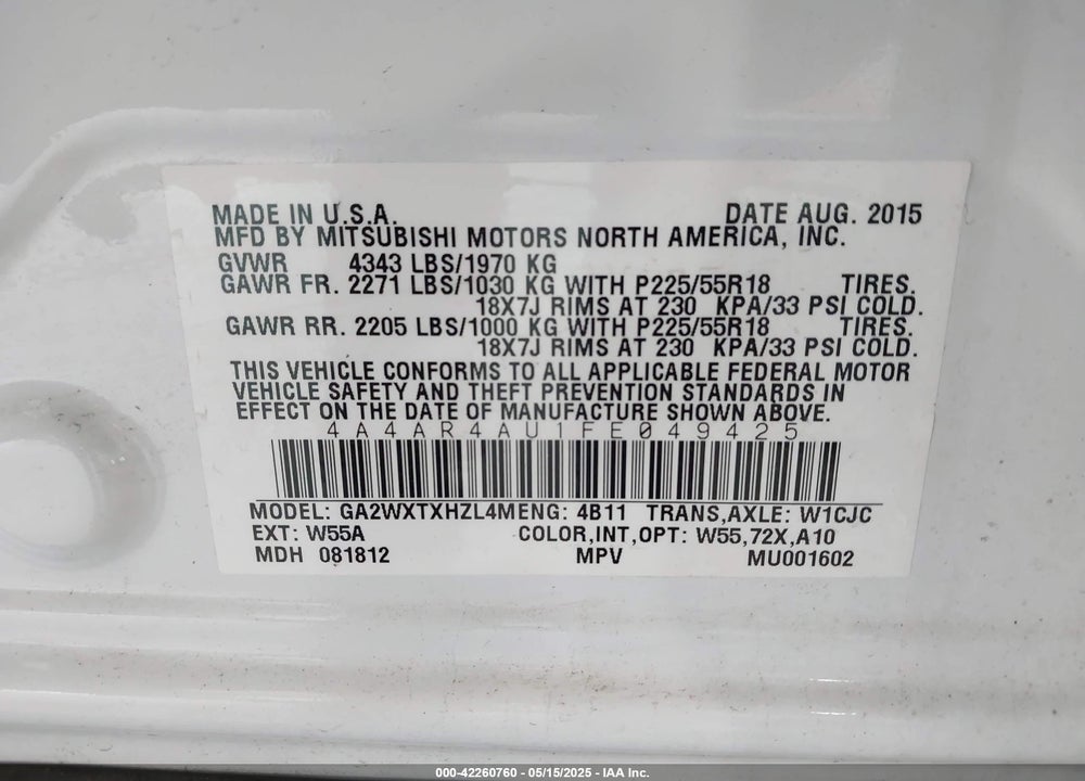 2015 MITSUBISHI OUTLANDER SPORT SE VIN: 4A4AR4AU1FE049425