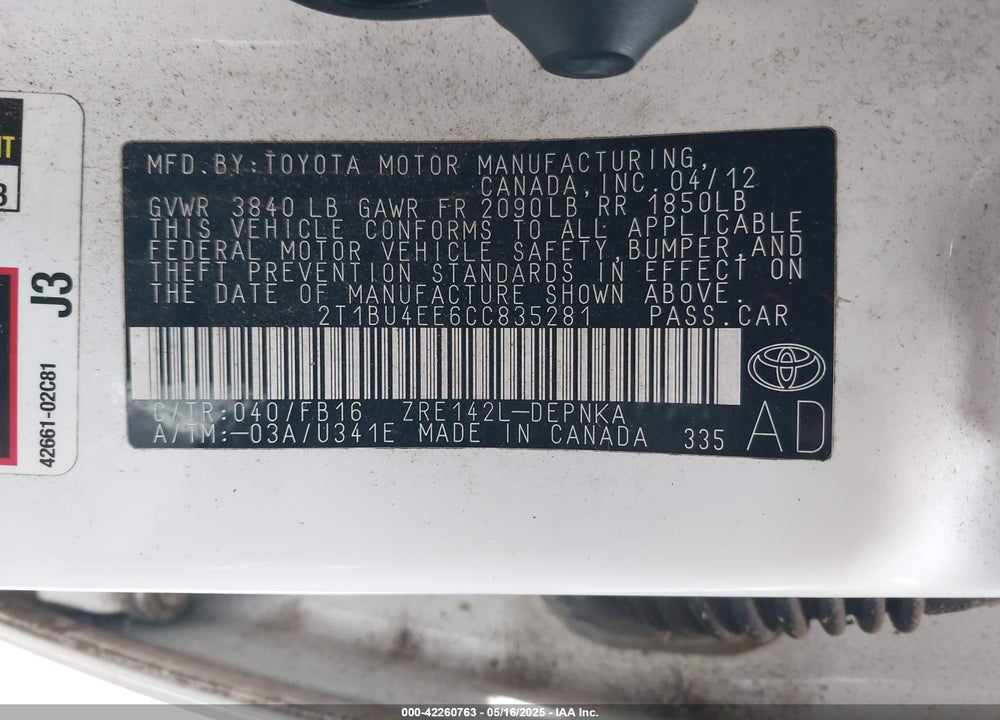 2012 TOYOTA COROLLA LE VIN: 2T1BU4EE6CC835281