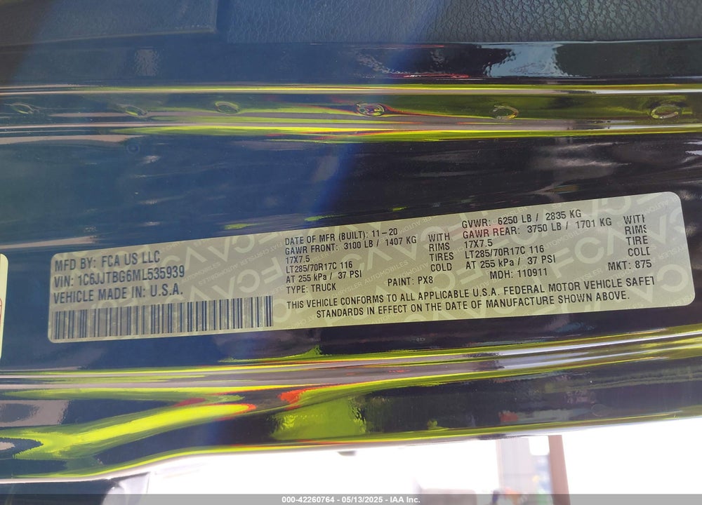 2021 JEEP GLADIATOR VIN: 1C6JJTBG6ML535939