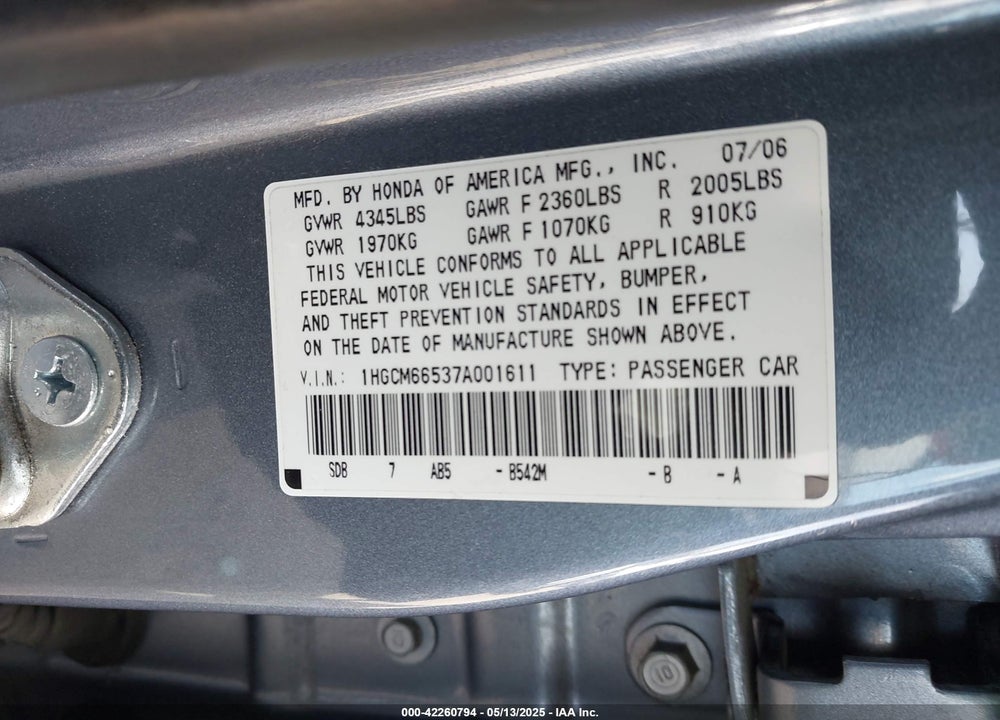 2007 HONDA ACCORD VIN: 1HGCM66537A001611