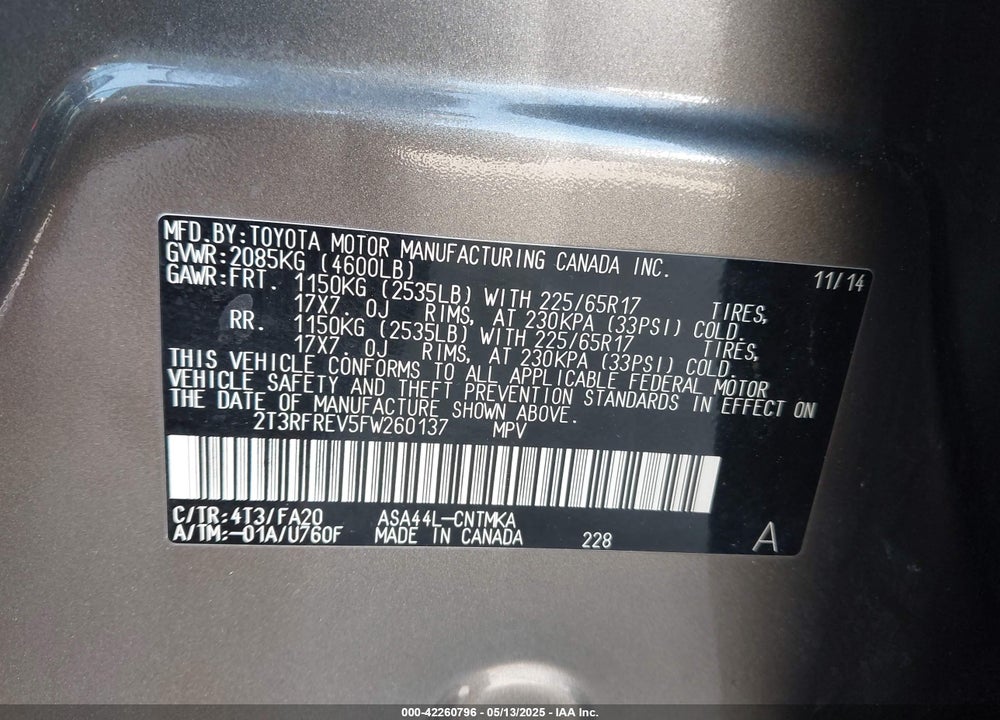 2015 TOYOTA RAV4 VIN: 2T3RFREV5FW260137