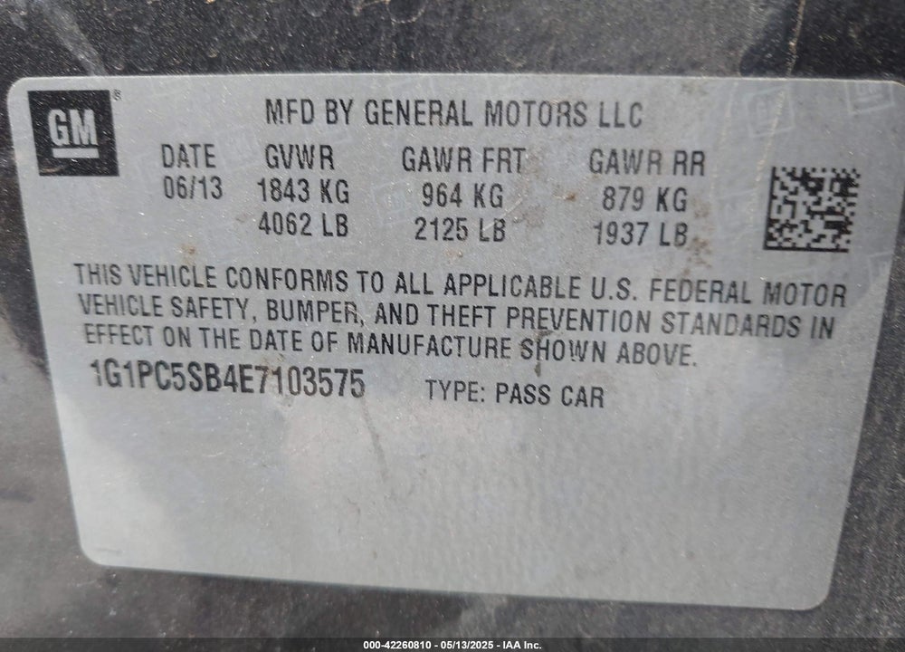 2014 CHEVROLET CRUZE VIN: 1G1PC5SB4E7103575