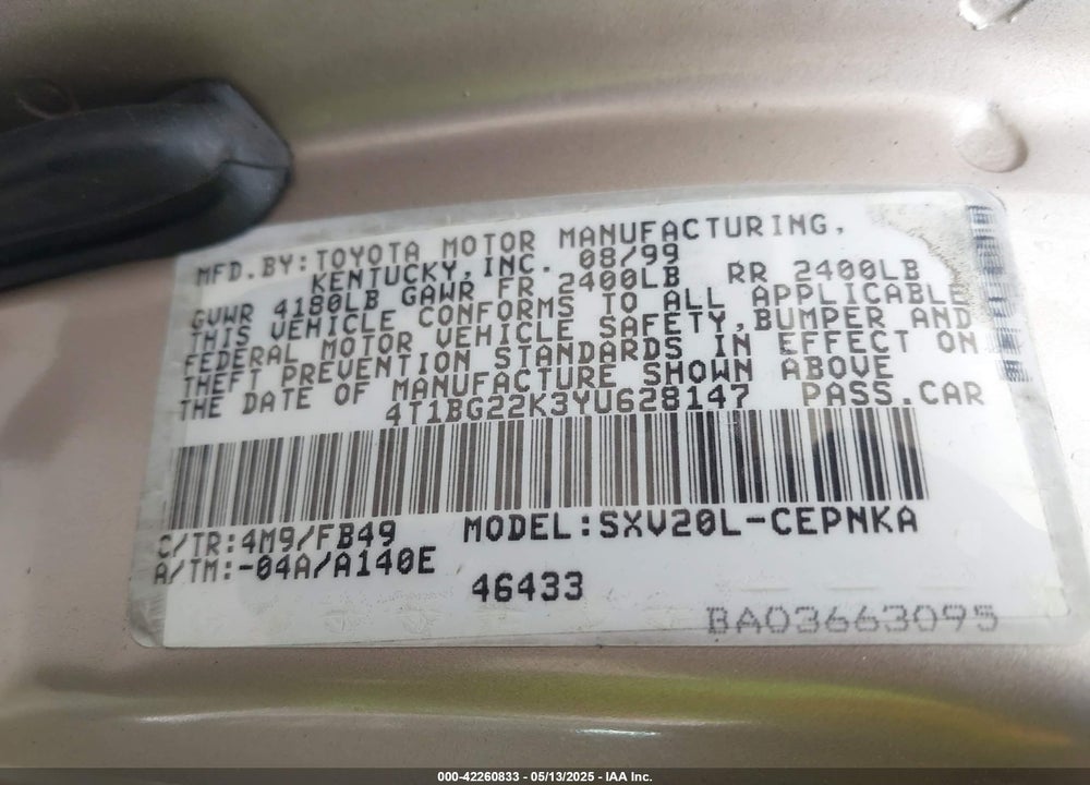 2000 TOYOTA CAMRY LE VIN: 4T1BG22K3YU628147