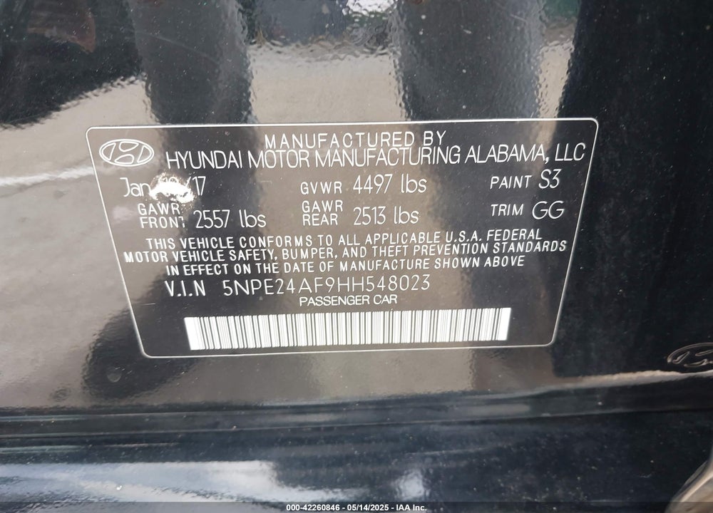 2017 HYUNDAI SONATA VIN: 5NPE24AF9HH548023