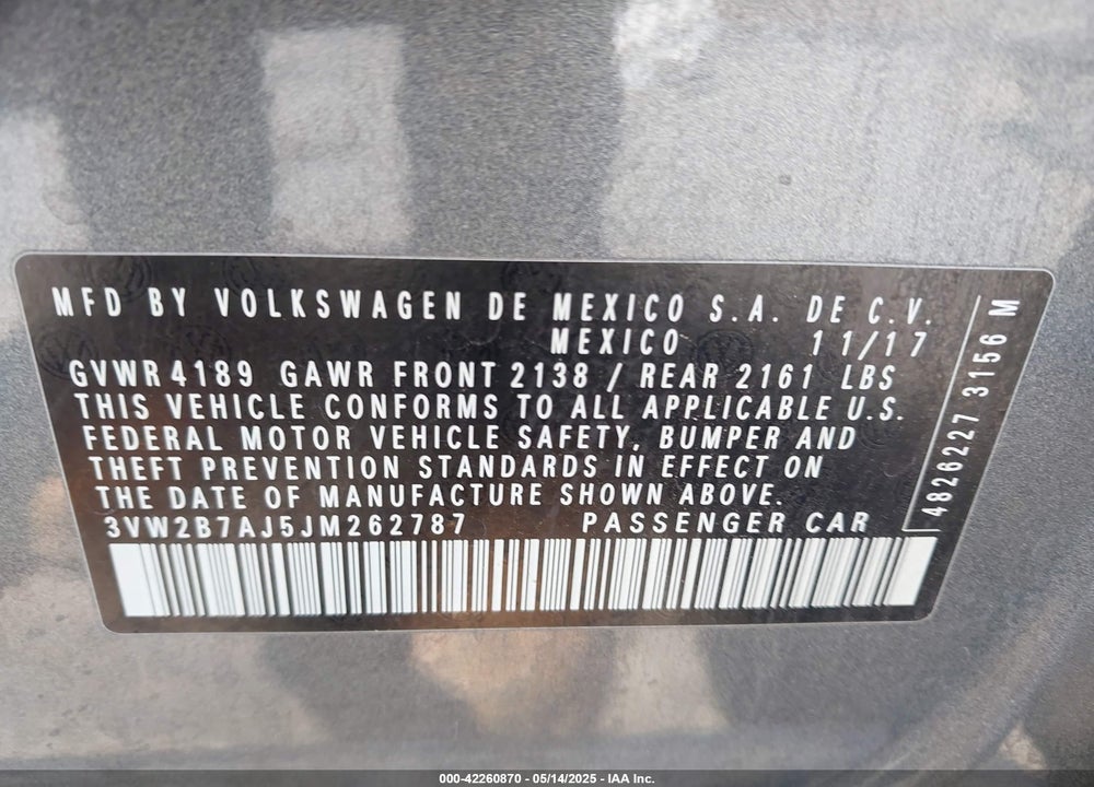 2018 VOLKSWAGEN JETTA 1.4T S VIN: 3VW2B7AJ5JM262787
