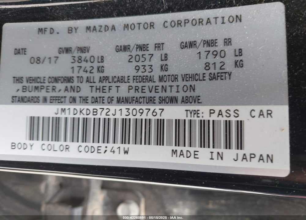 2018 MAZDA CX-3 VIN: JM1DKDB72J1309767