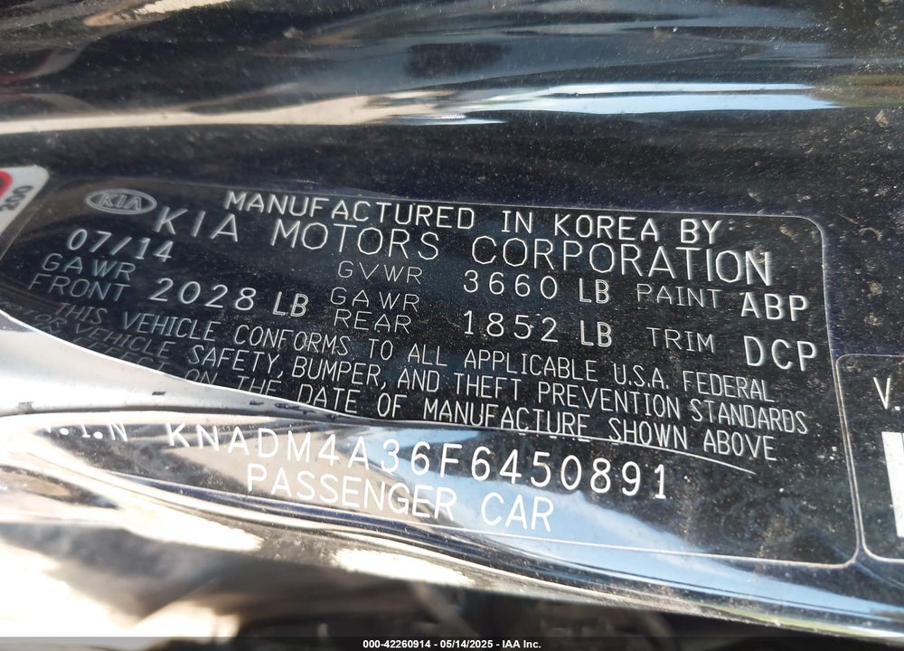 2015 KIA RIO VIN: KNADM4A36F6450891