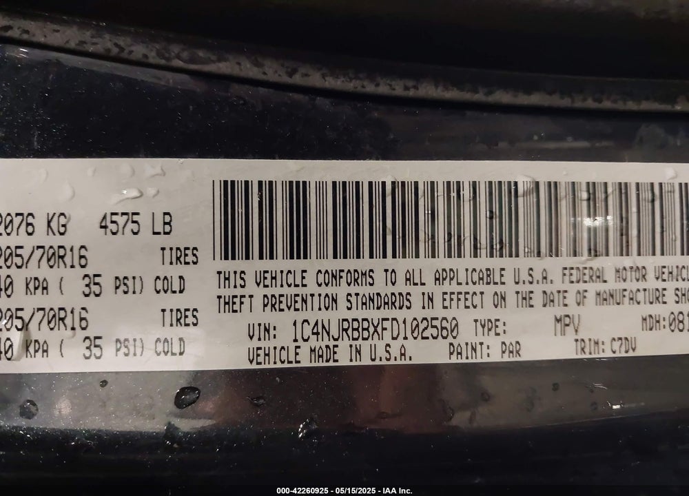 2015 JEEP PATRIOT VIN: 1C4NJRBBXFD102560