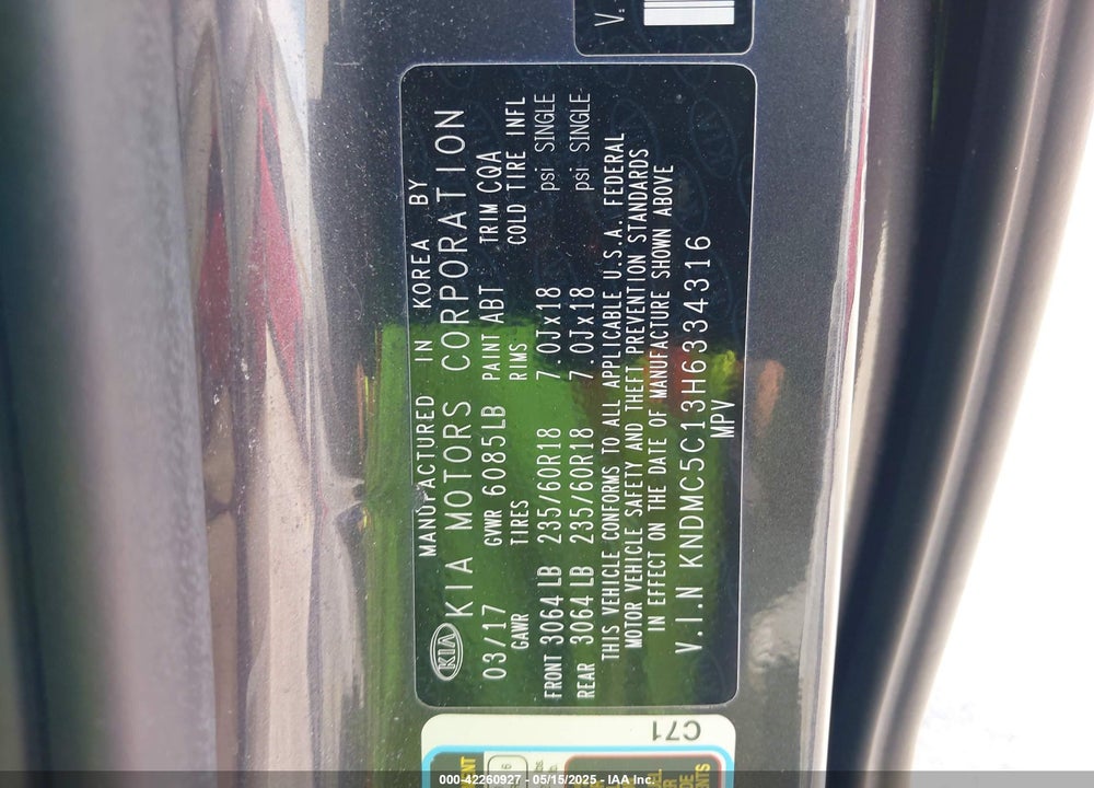 2017 KIA SEDONA EX VIN: KNDMC5C13H6334316