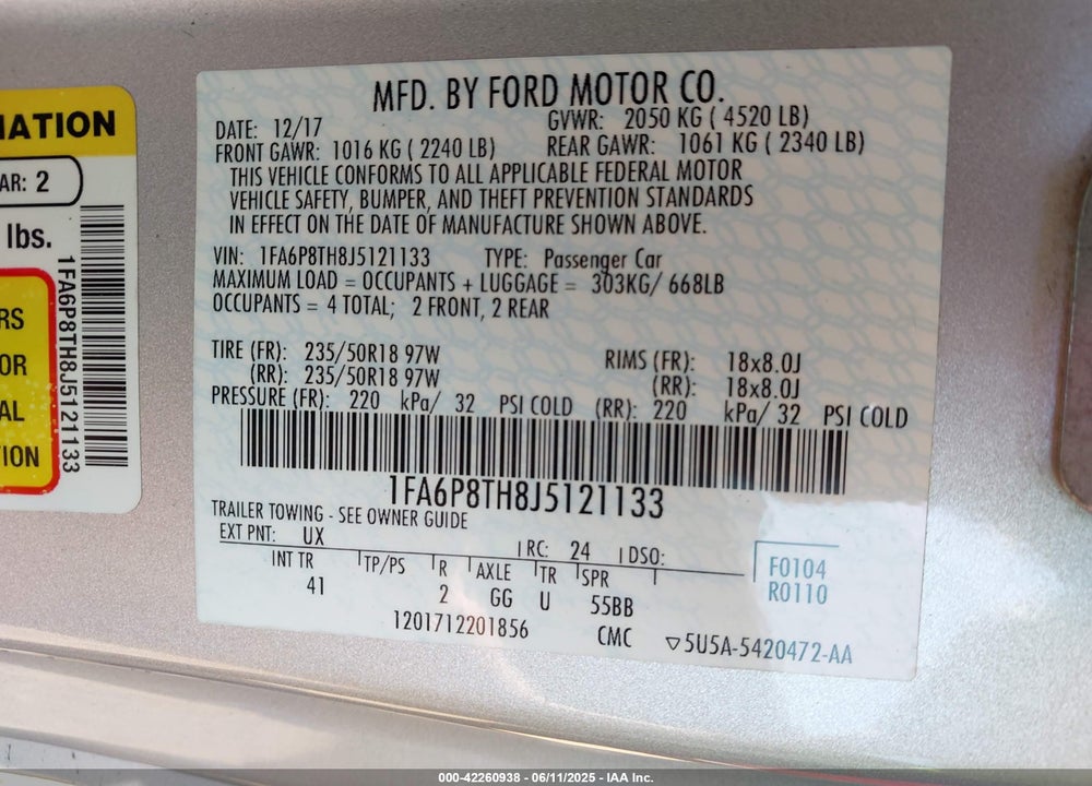 2018 FORD MUSTANG VIN: 1FA6P8TH8J5121133