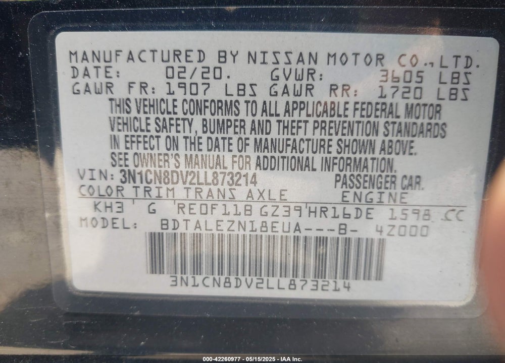 2020 NISSAN VERSA VIN: 3N1CN8DV2LL873214