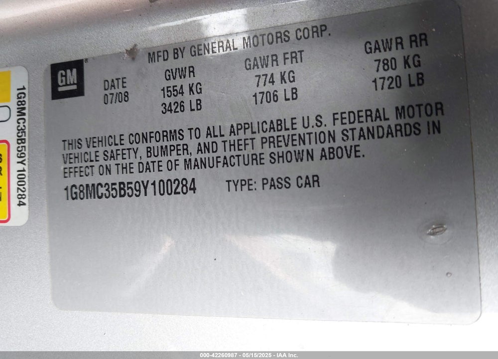 2009 SATURN SKY VIN: 1G8MC35B59Y100284