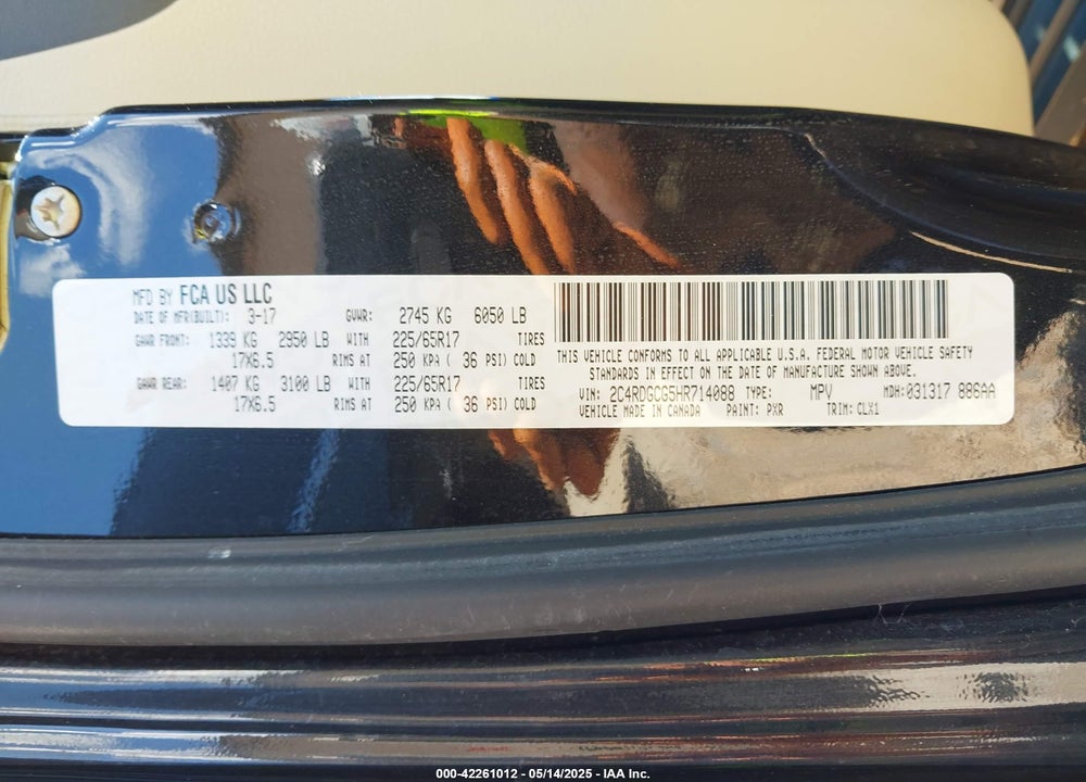 2017 DODGE GRAND CARAVAN SXT VIN: 2C4RDGCG5HR714088